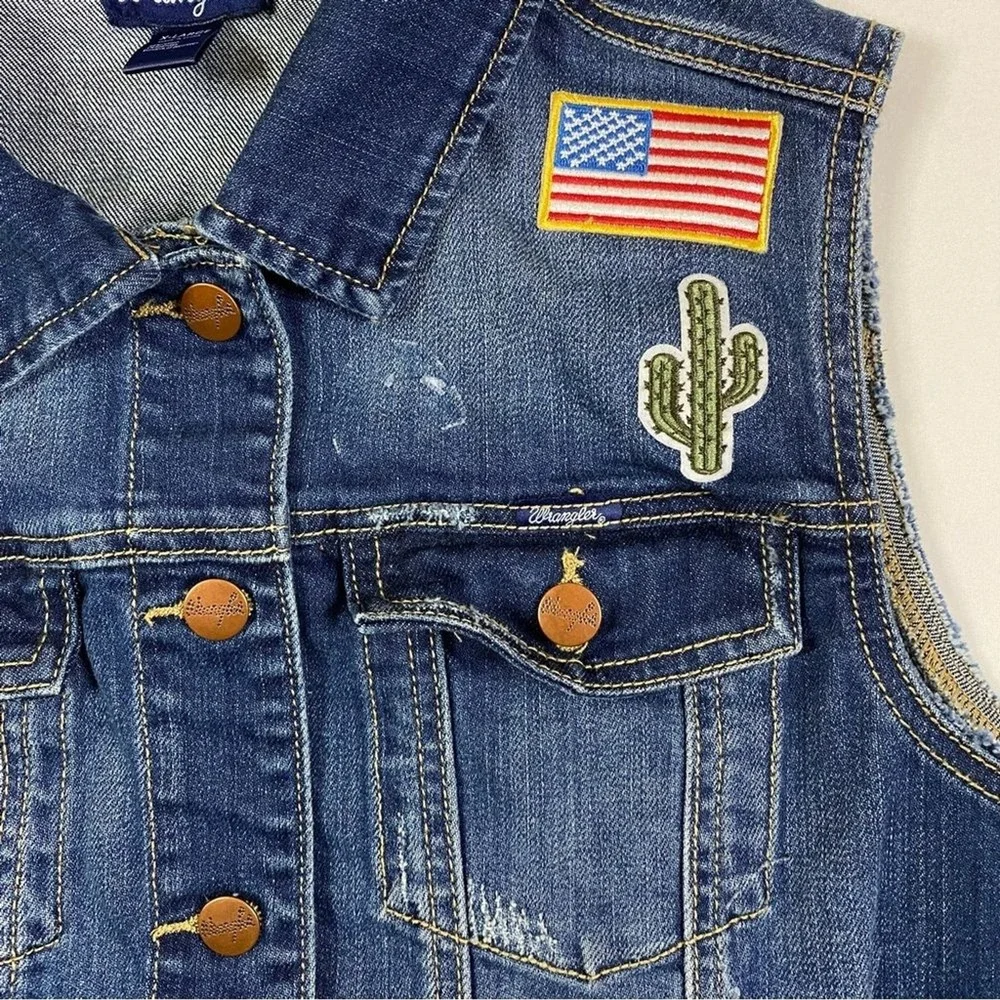 Wrangler Denim Vest Girl's XL Jean Jacket Biker‎ Western Cowgirl USA Patches